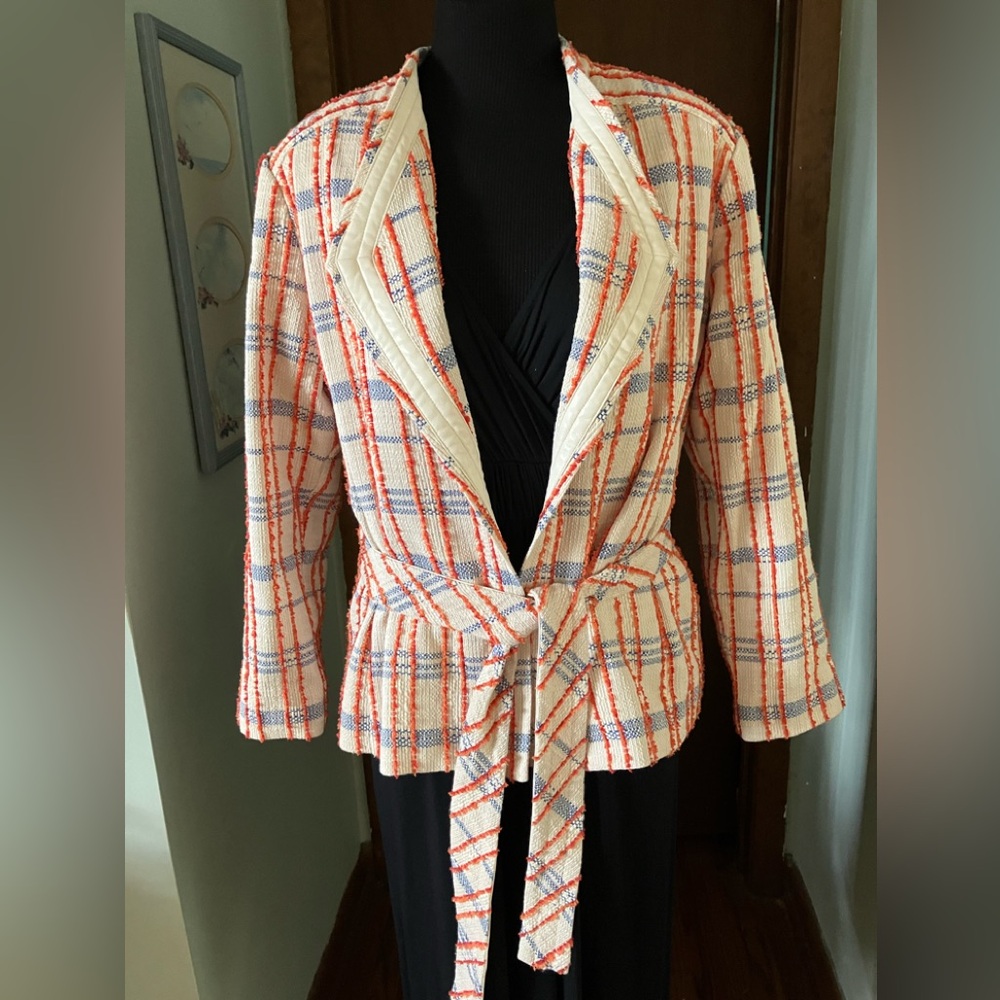 Chicos Novelty Tweed Fusion Stripe LS Jacket Ecru Blue Orange Size Medium 1